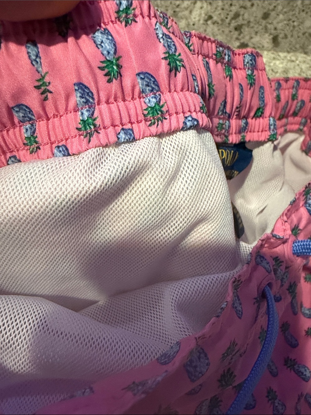Polo by Ralph Lauren Pink Pineapple Print Boys' Swim Trunks with Blue Trim - Picture 5 of 6